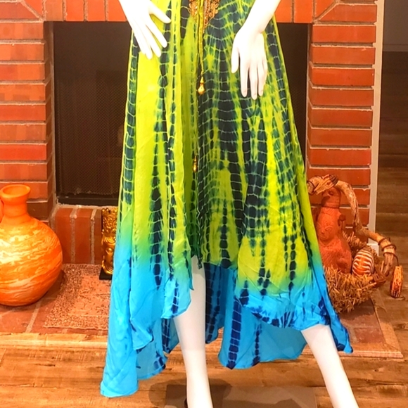 *LAST ONE*MANISH VAID- LIME Grn & Blue TIE Dye SILK Hi-Lo Cry. DRESS-NWT-O/S - Picture 2 of 9